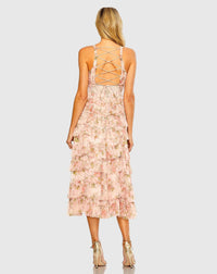 Sleeveless V Neck Floral Mesh Ruffle Midi Dress - Blush