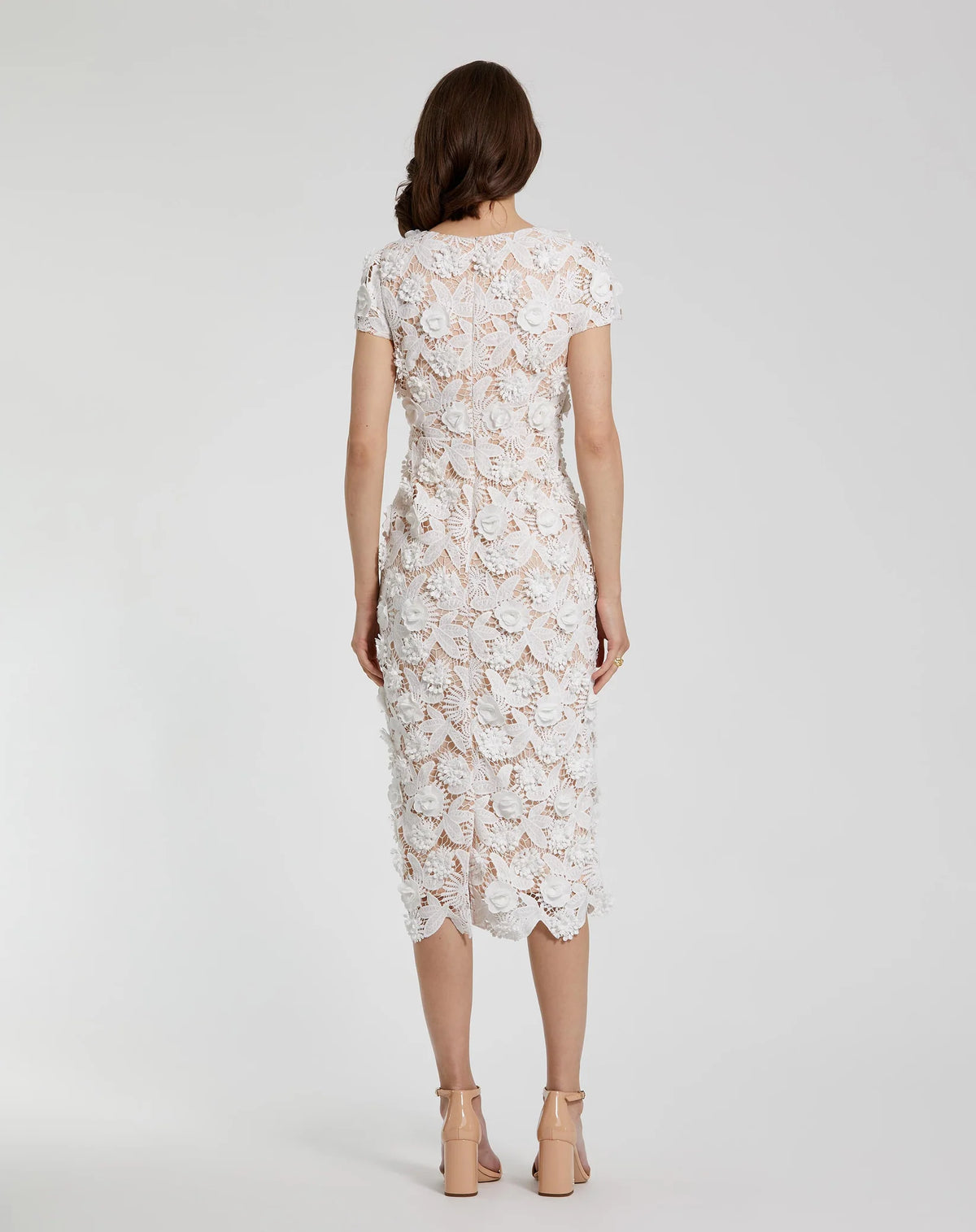 Floral Lace Fitted Short Sleeve Midi Dress - White