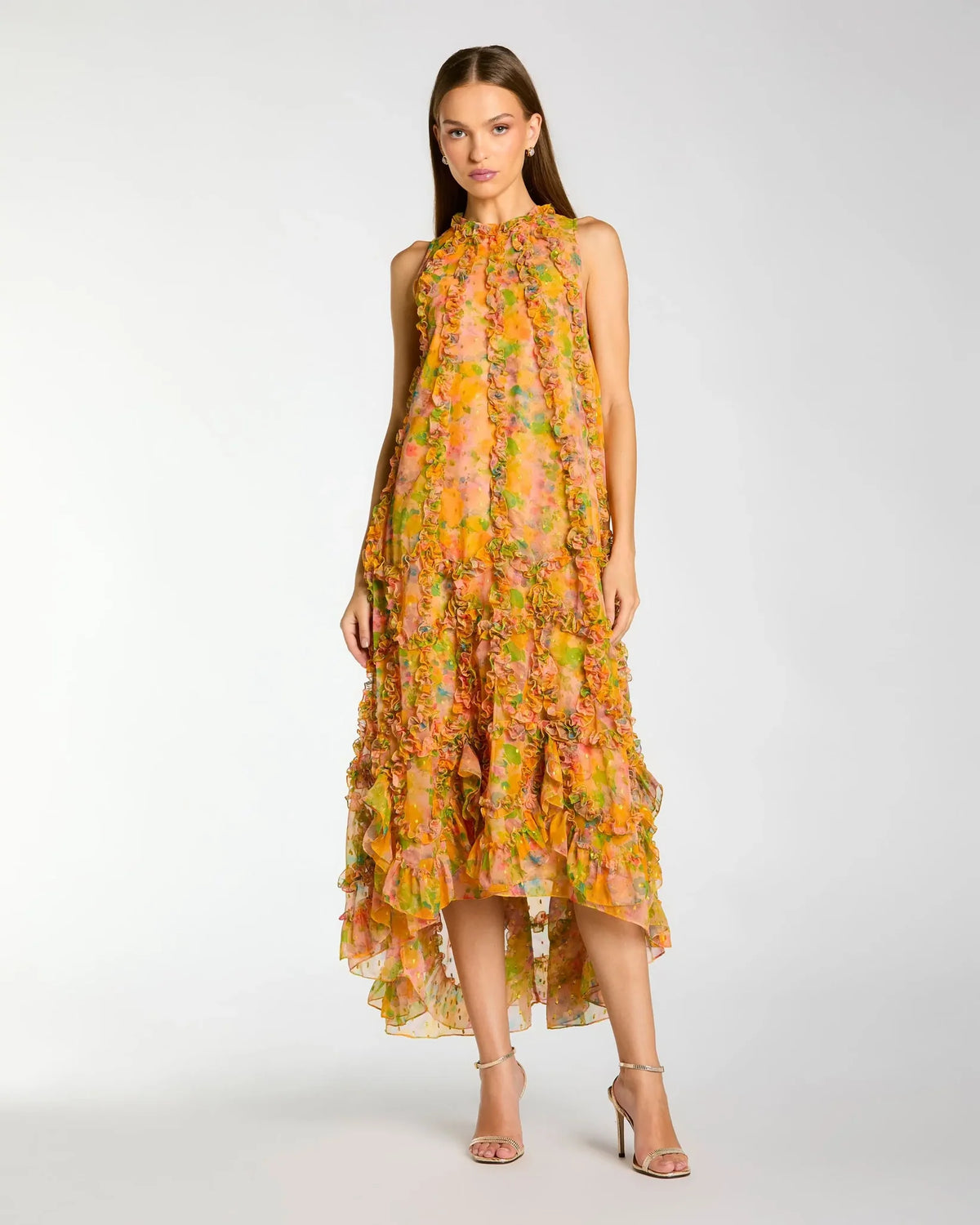 Mac Duggal #8103 Yellow Sleeveless Floral Ruffle Trapeze Midi Dress