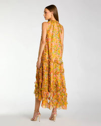 Mac Duggal #8103 Yellow Sleeveless Floral Ruffle Trapeze Midi Dress