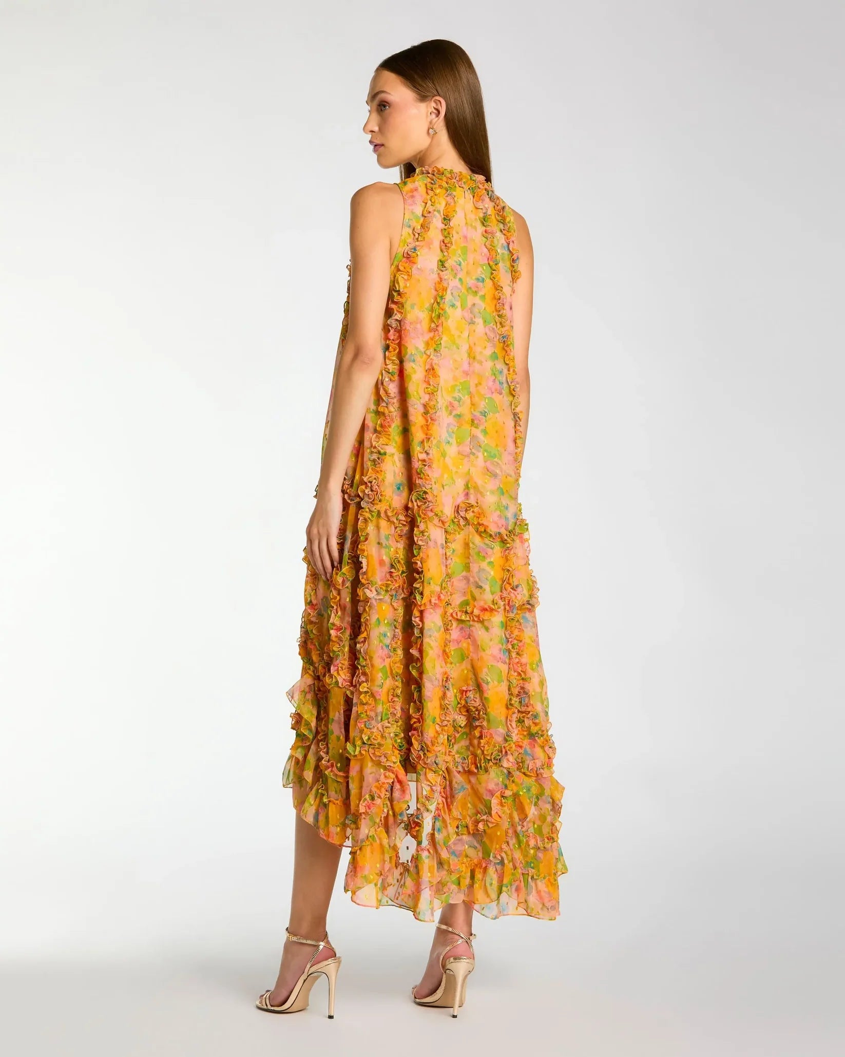 Mac Duggal #8103 Yellow Sleeveless Floral Ruffle Trapeze Midi Dress