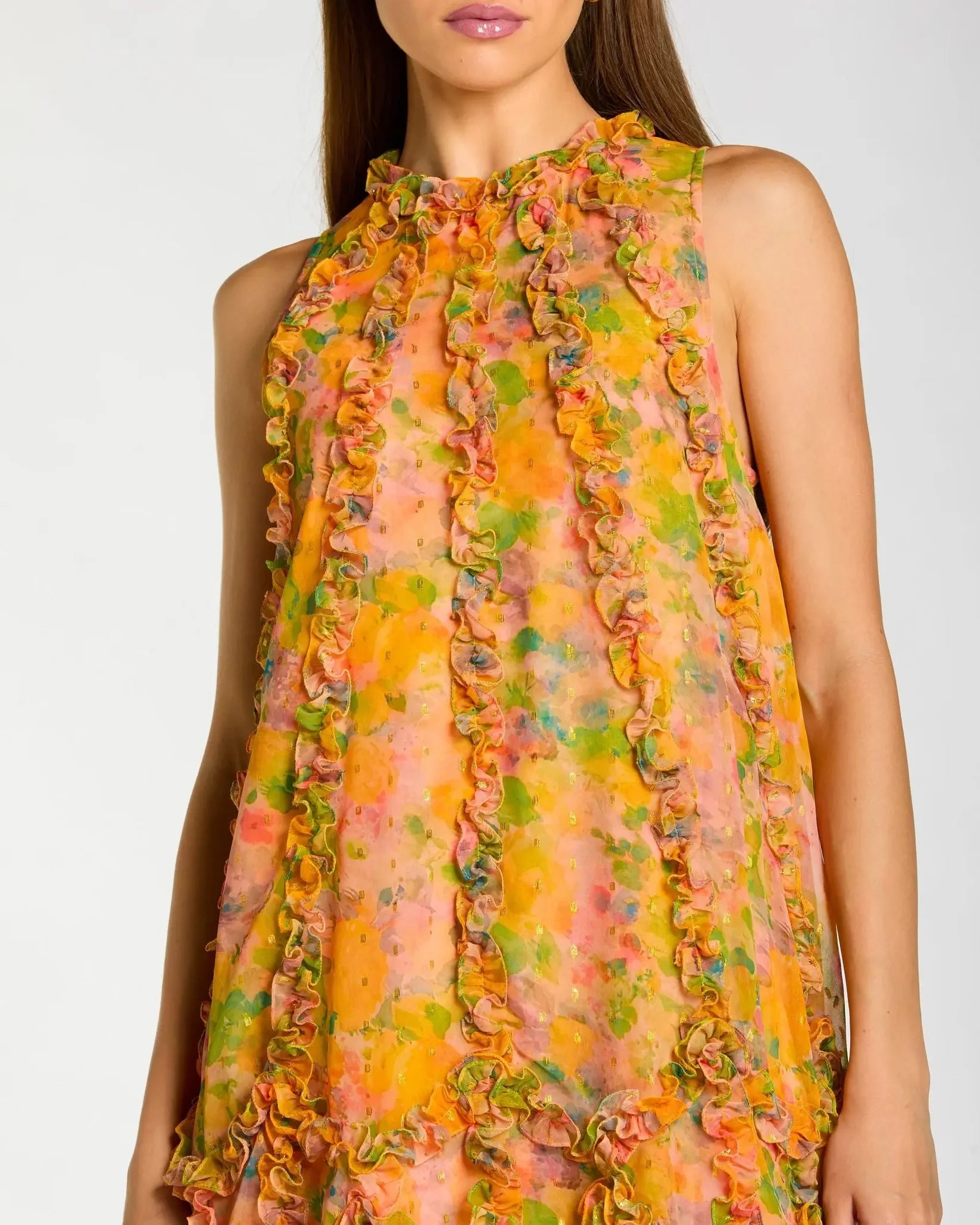 Mac Duggal #8103 Yellow Sleeveless Floral Ruffle Trapeze Midi Dress front close up