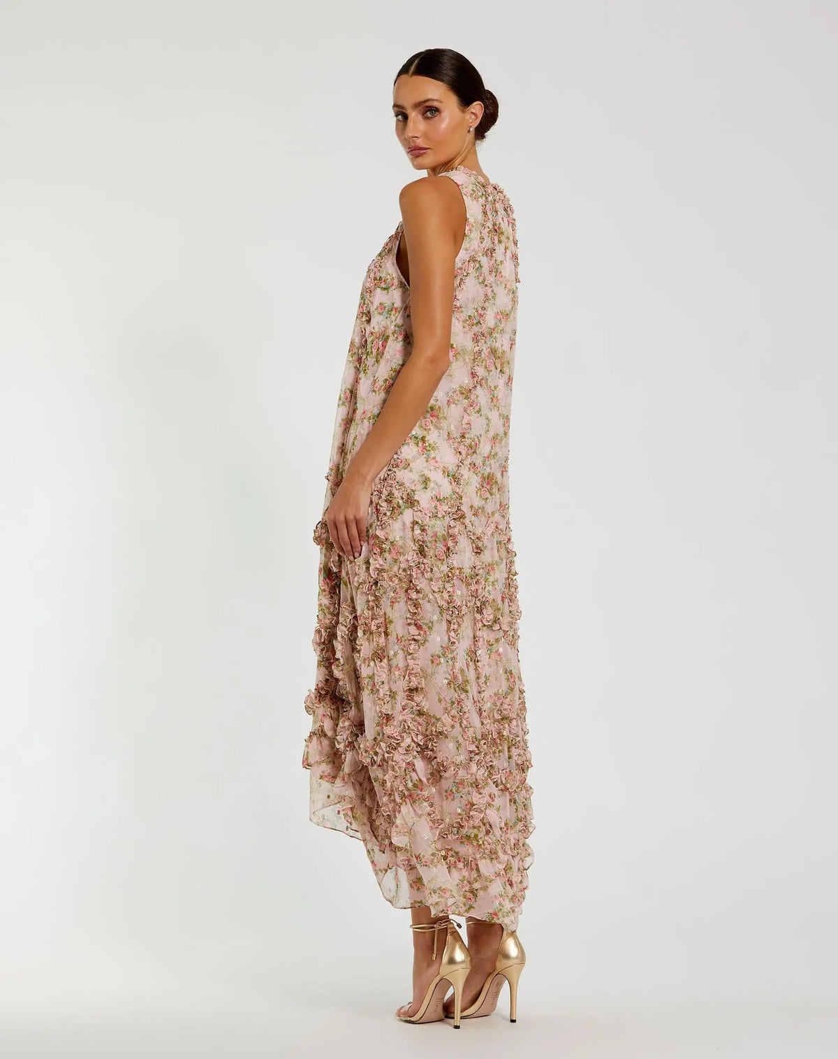 Mac Duggal Pink Sleeveless Floral Chiffon Micro Ruffle Midi Dress #8103 Pink Multi