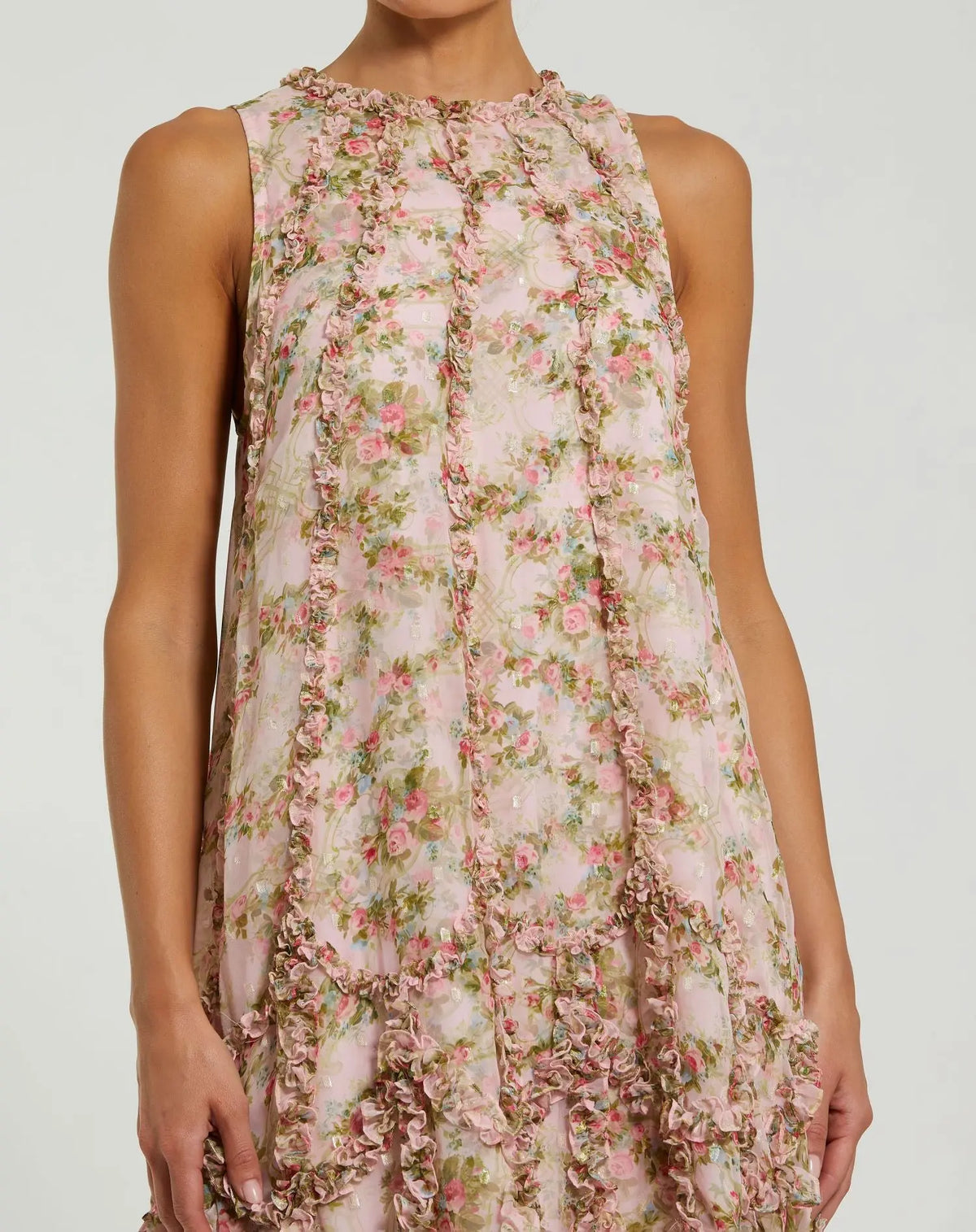 Mac Duggal Pink Sleeveless Floral Chiffon Micro Ruffle Midi Dress #8103 Pink Multi