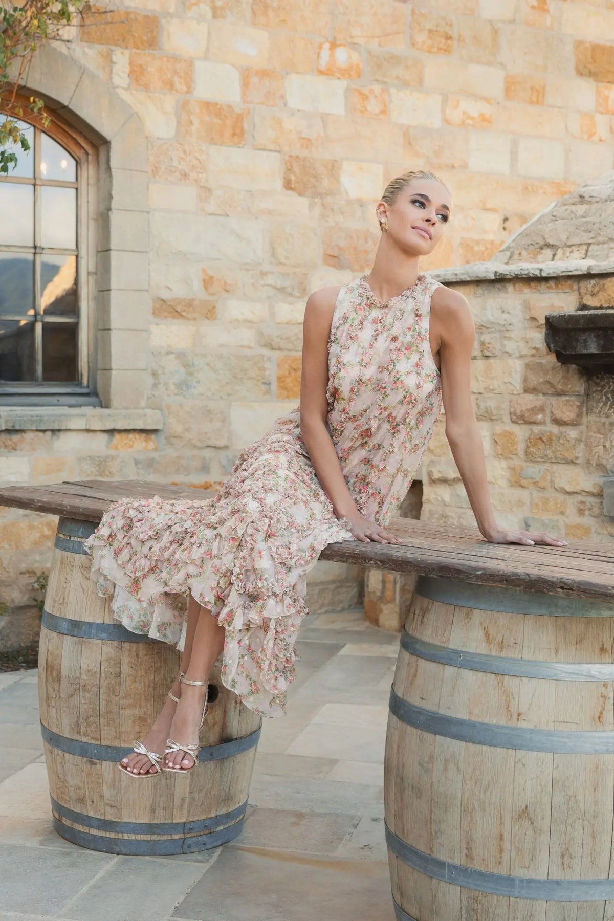 Mac Duggal Pink Sleeveless Floral Chiffon Micro Ruffle Midi Dress #8103 Pink Multi