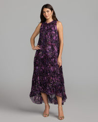 Purple Multi Sleeveless Floral Chiffon Ruffle High Low Dress