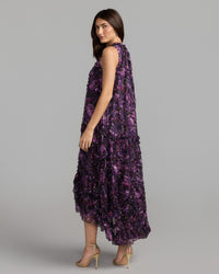 Purple Multi Sleeveless Floral Chiffon Ruffle High Low Dress