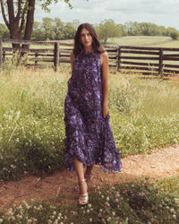 Purple Multi Sleeveless Floral Chiffon Ruffle High Low Dress