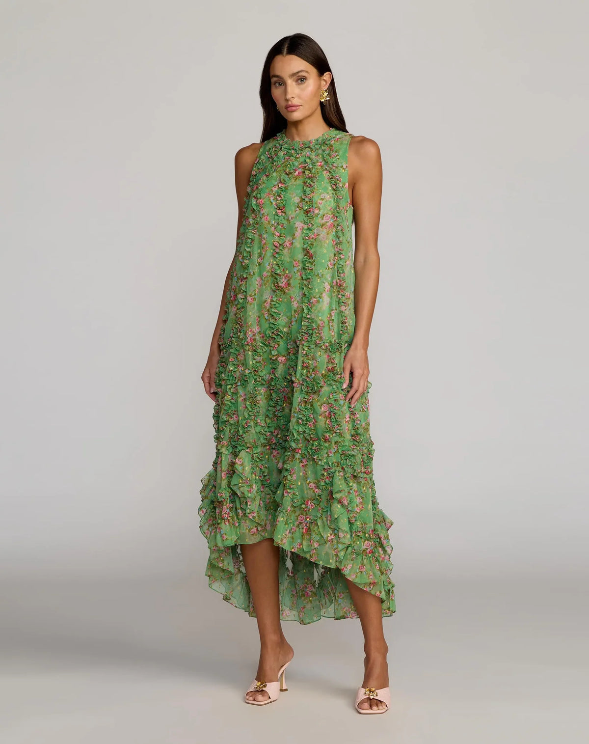 Mac Duggal #8103 Green Sleeveless Floral Chiffon Ruffle Trapeze Midi 