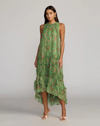 Mac Duggal #8103 Green Sleeveless Floral Chiffon Ruffle Trapeze Midi 