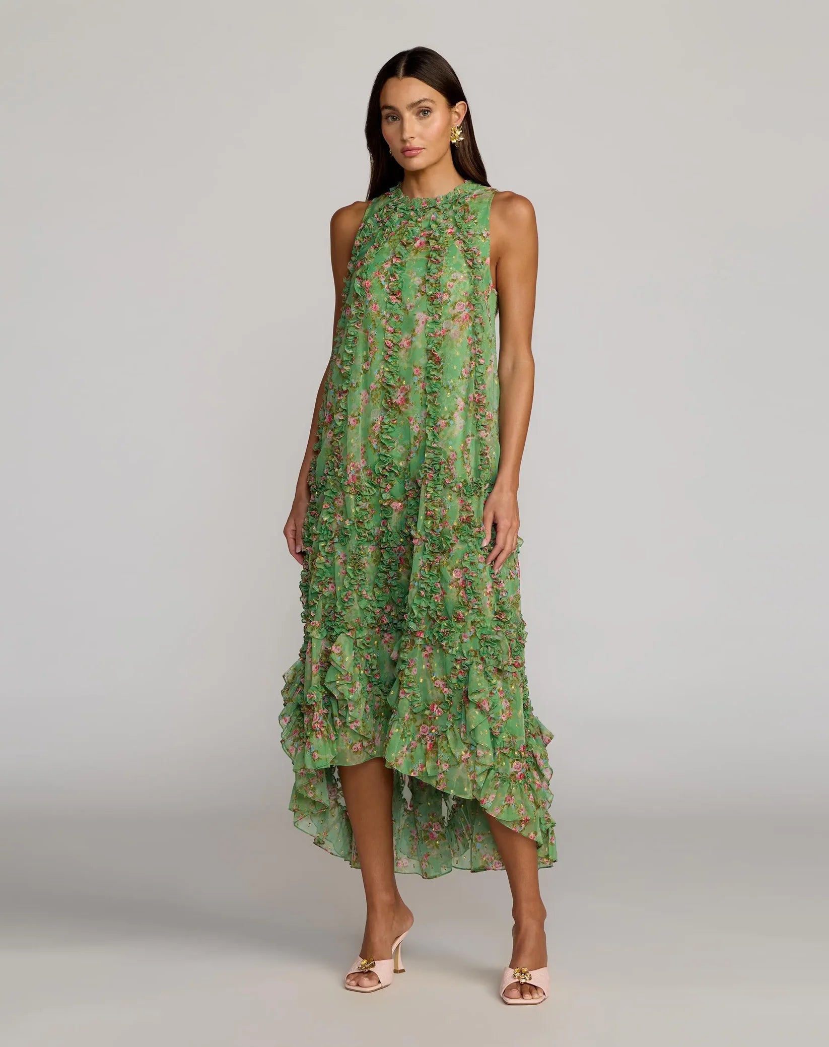 Mac Duggal #8103 Green Sleeveless Floral Chiffon Ruffle Trapeze Midi 