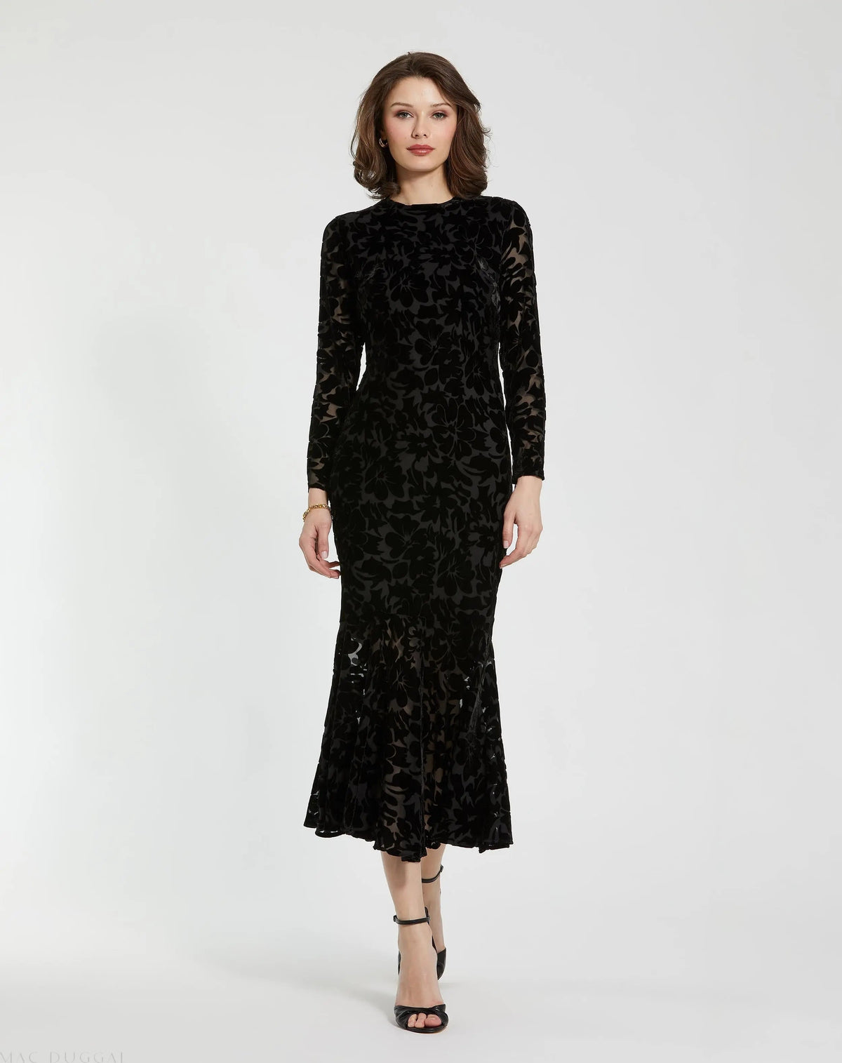 Mac Duggal #81129 black burnout velvet long sleeve midi dress