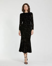Mac Duggal #81129 black burnout velvet long sleeve midi dress
