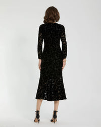 Mac Duggal #81129 black burnout velvet long sleeve midi dress