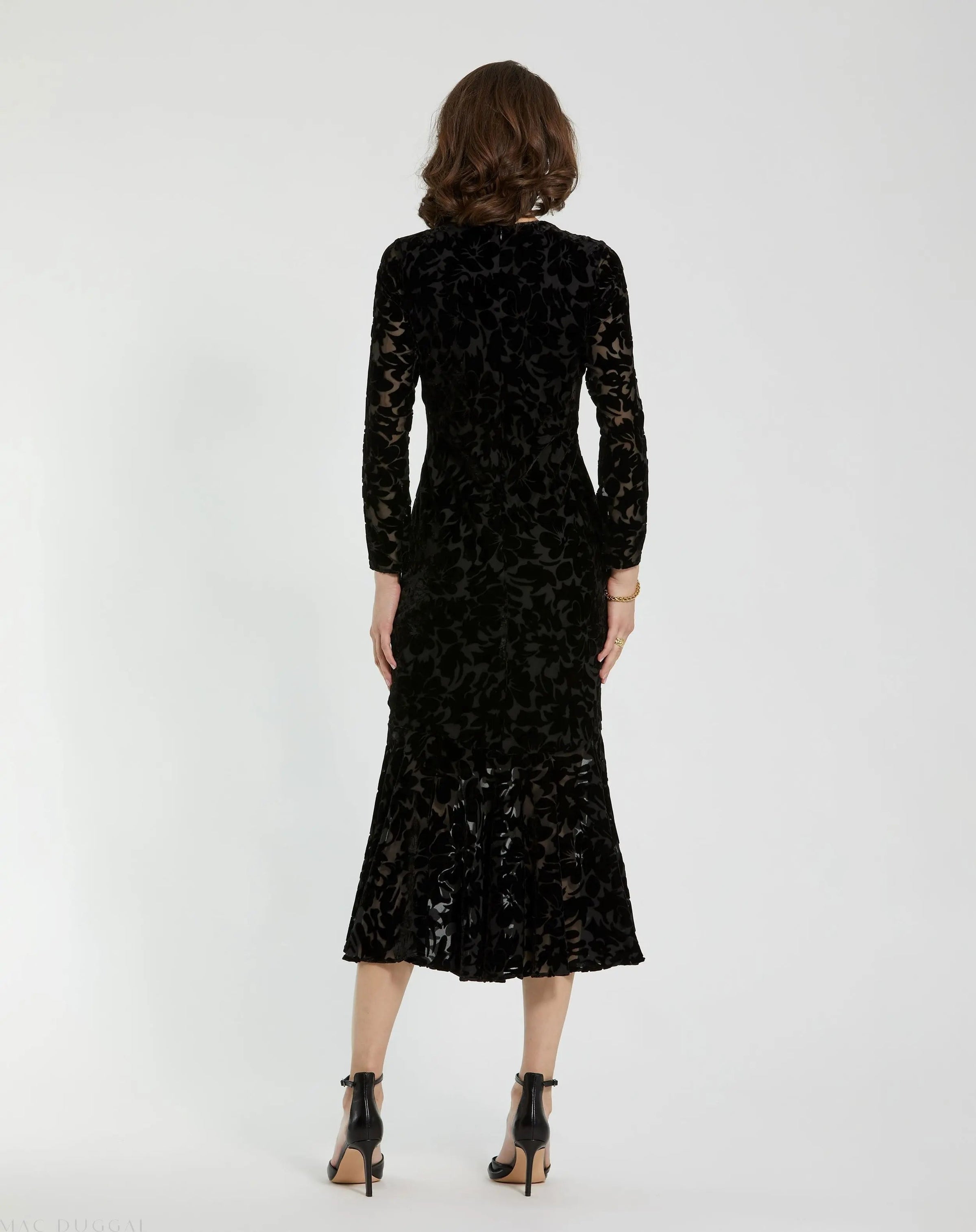 Mac Duggal #81129 black burnout velvet long sleeve midi dress