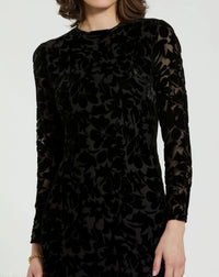 Mac Duggal #81129 black burnout velvet long sleeve midi dress