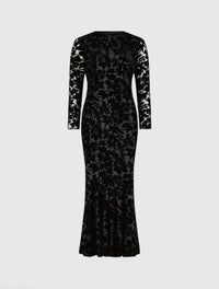 Mac Duggal #81129 black burnout velvet long sleeve midi dress