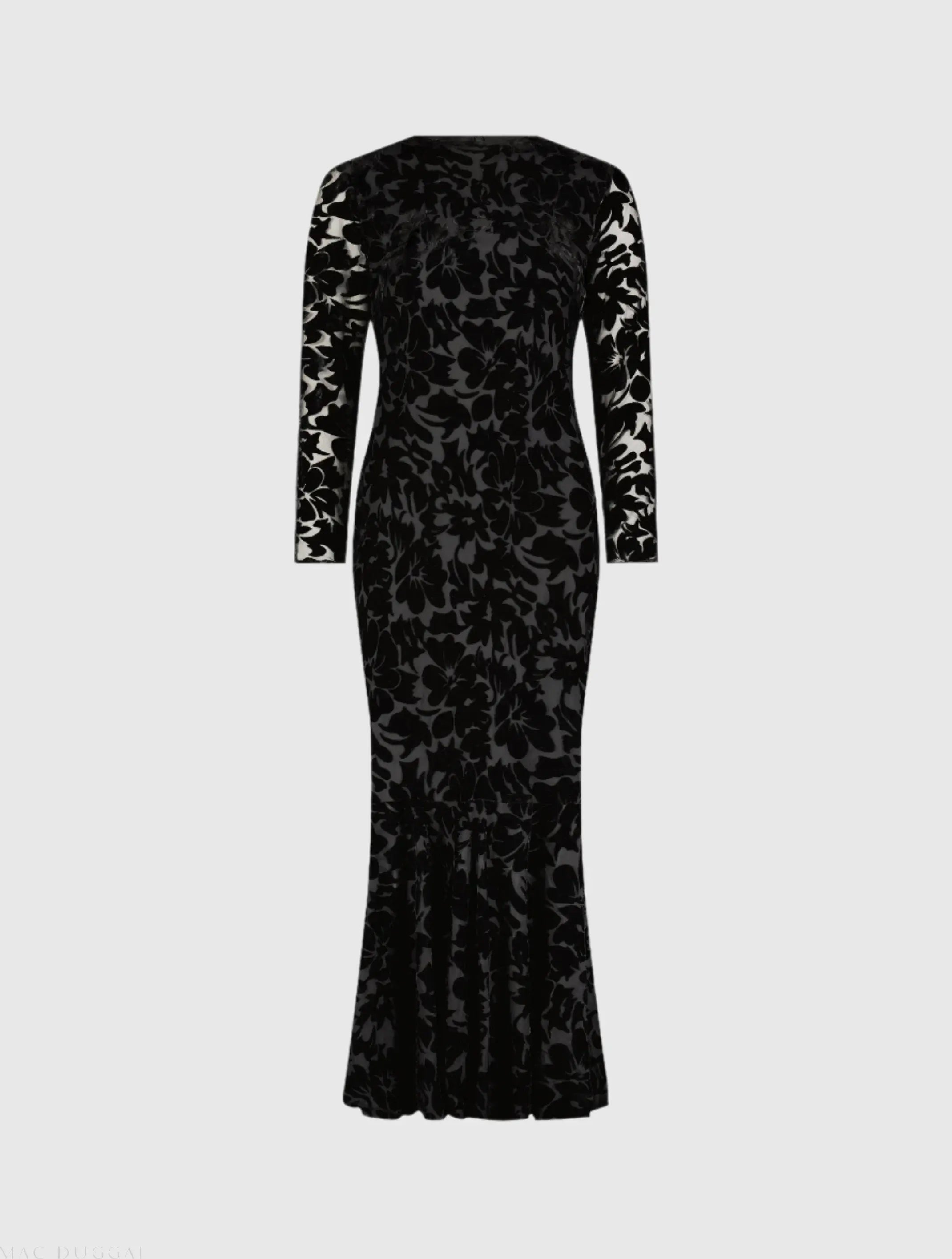 Mac Duggal #81129 black burnout velvet long sleeve midi dress