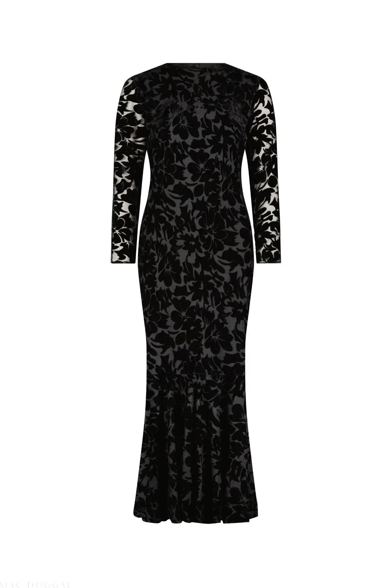 Mac Duggal #81129 black burnout velvet long sleeve midi dress