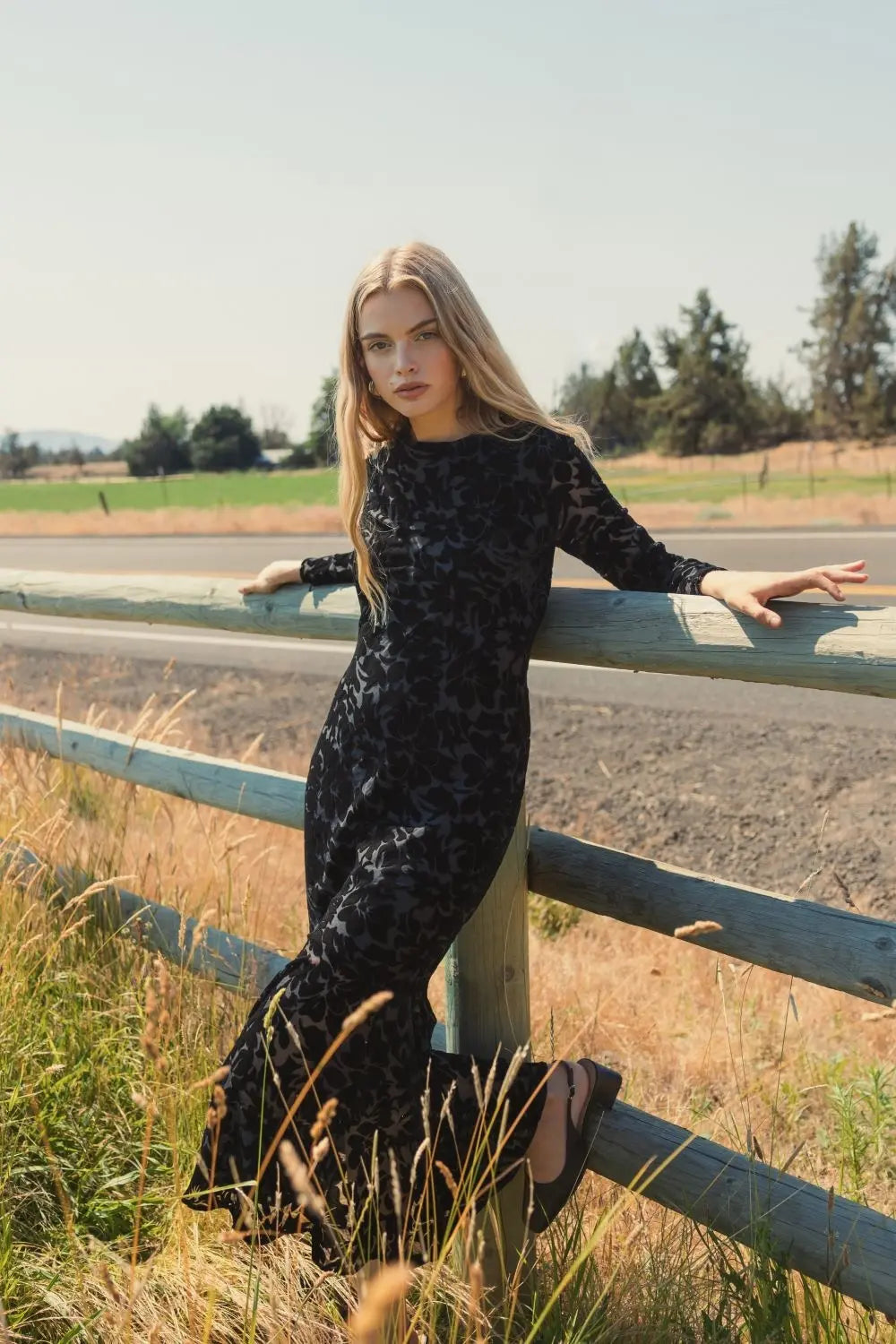 Mac Duggal #81129 black burnout velvet long sleeve midi dress