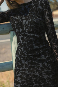 Mac Duggal #81129 black burnout velvet long sleeve midi dress