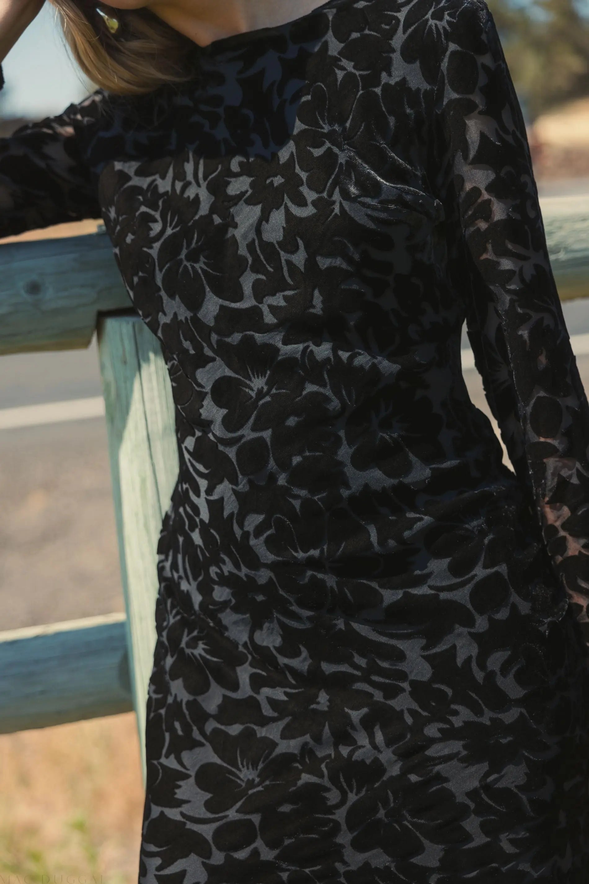 Mac Duggal #81129 black burnout velvet long sleeve midi dress