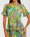 Ruffle Tiered Chiffon Floral Dress - Green