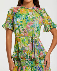 Ruffle Tiered Chiffon Floral Dress - Green