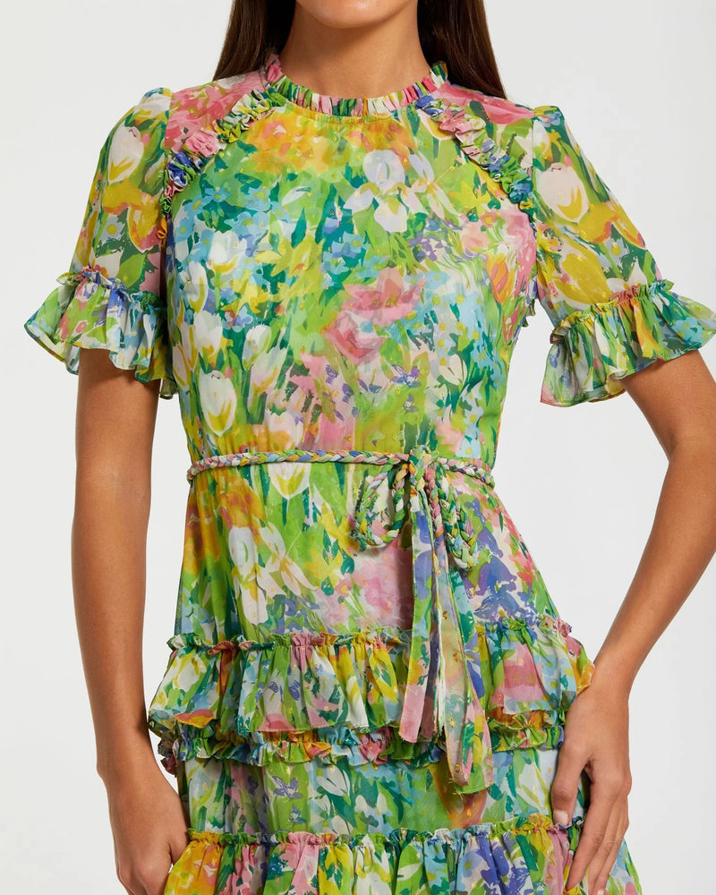Ruffle Tiered Chiffon Floral Dress - Green