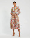 Mac Duggal Multicolor Long Sleeve Ruffle Criss Cross Midi Dress White Multi #8130