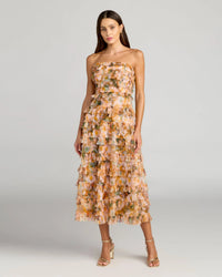 Mac Duggal #8137 gold multi strapless floral micro ruffle dress