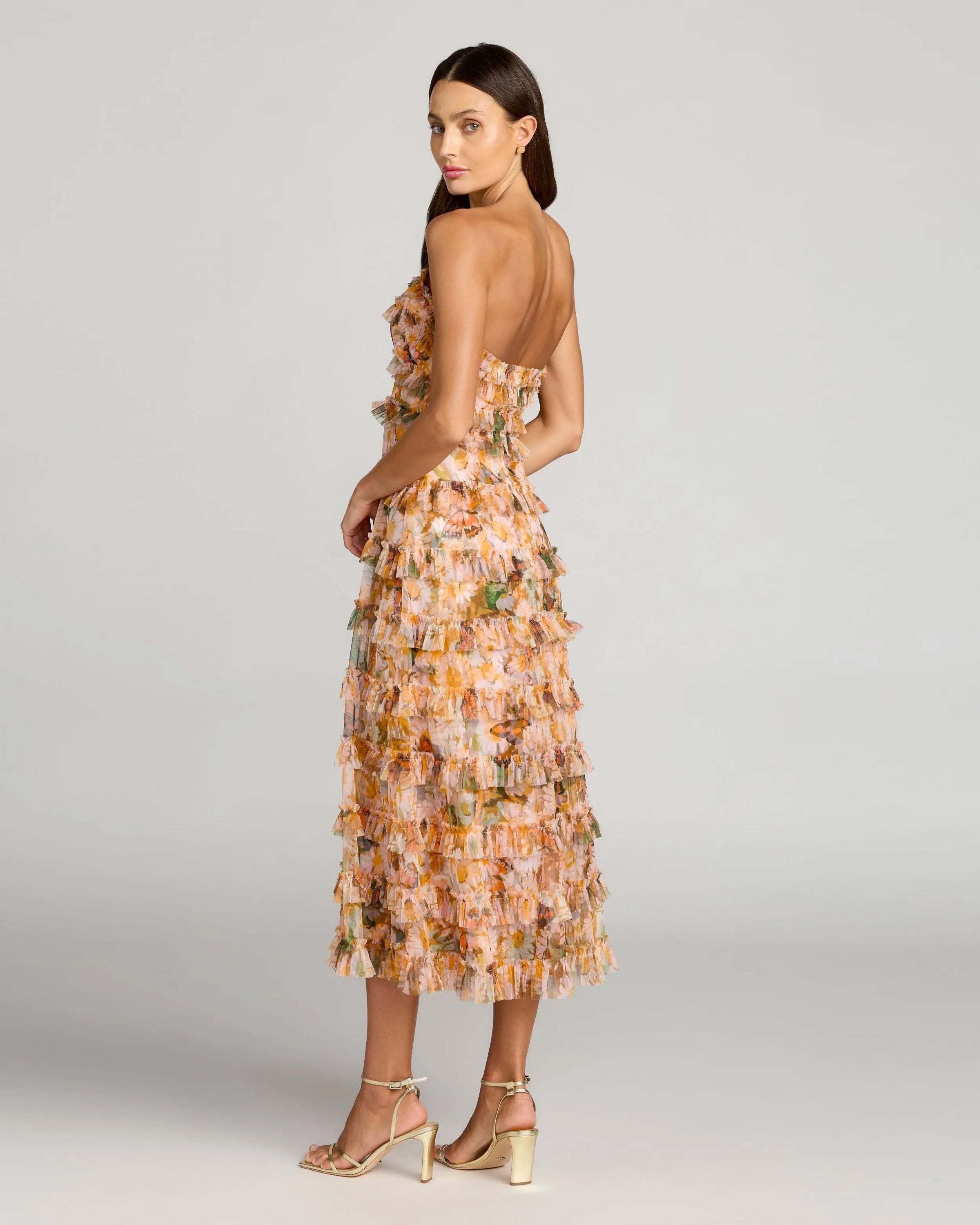 Mac Duggal #8137 gold multi strapless floral micro ruffle dress