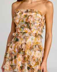 Mac Duggal #8137 gold multi strapless floral micro ruffle dress