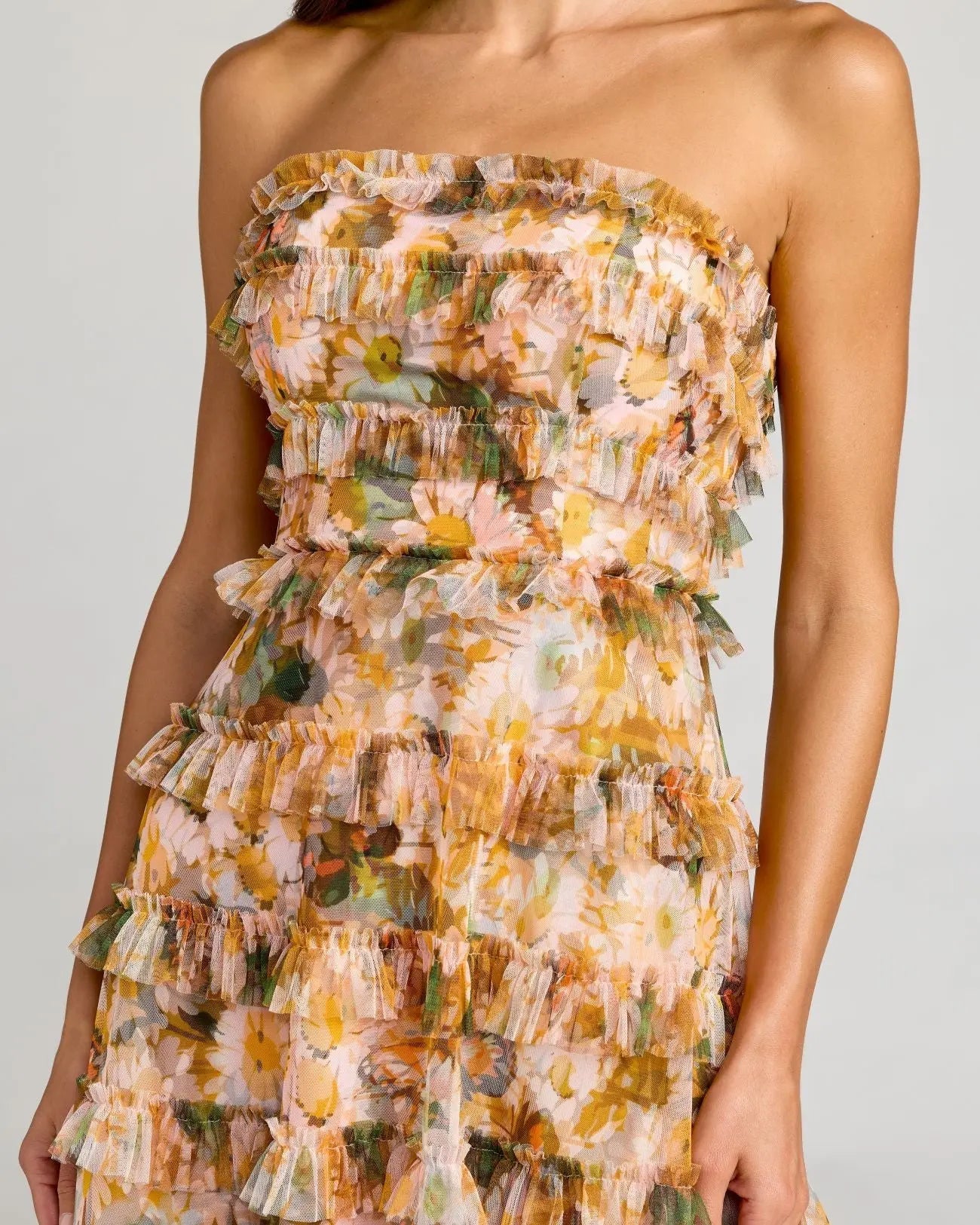 Mac Duggal #8137 gold multi strapless floral micro ruffle dress