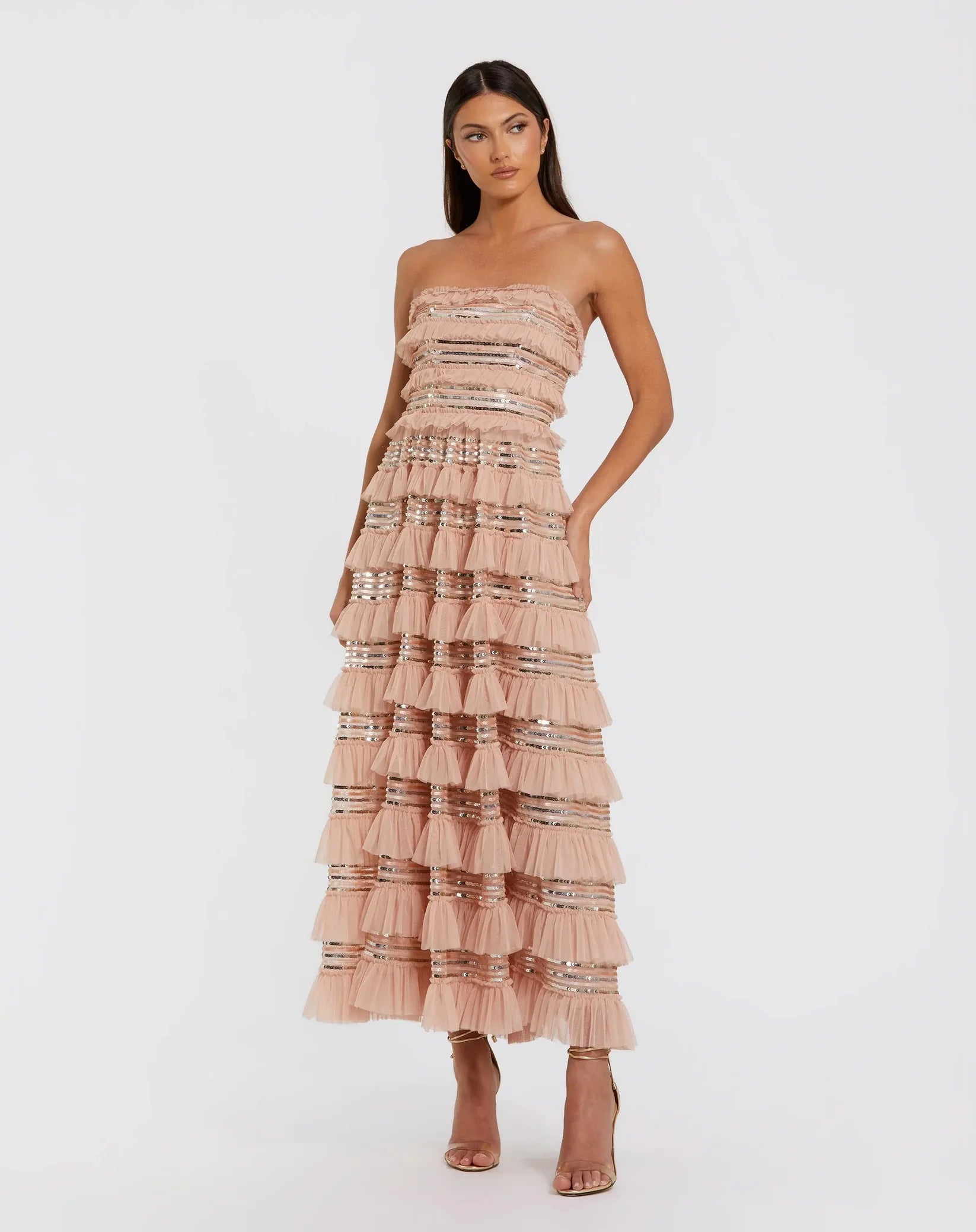 Mac Duggal Pink Strapless Sequin Micro Ruffle Maxi Dress Nude Porcelain #8155