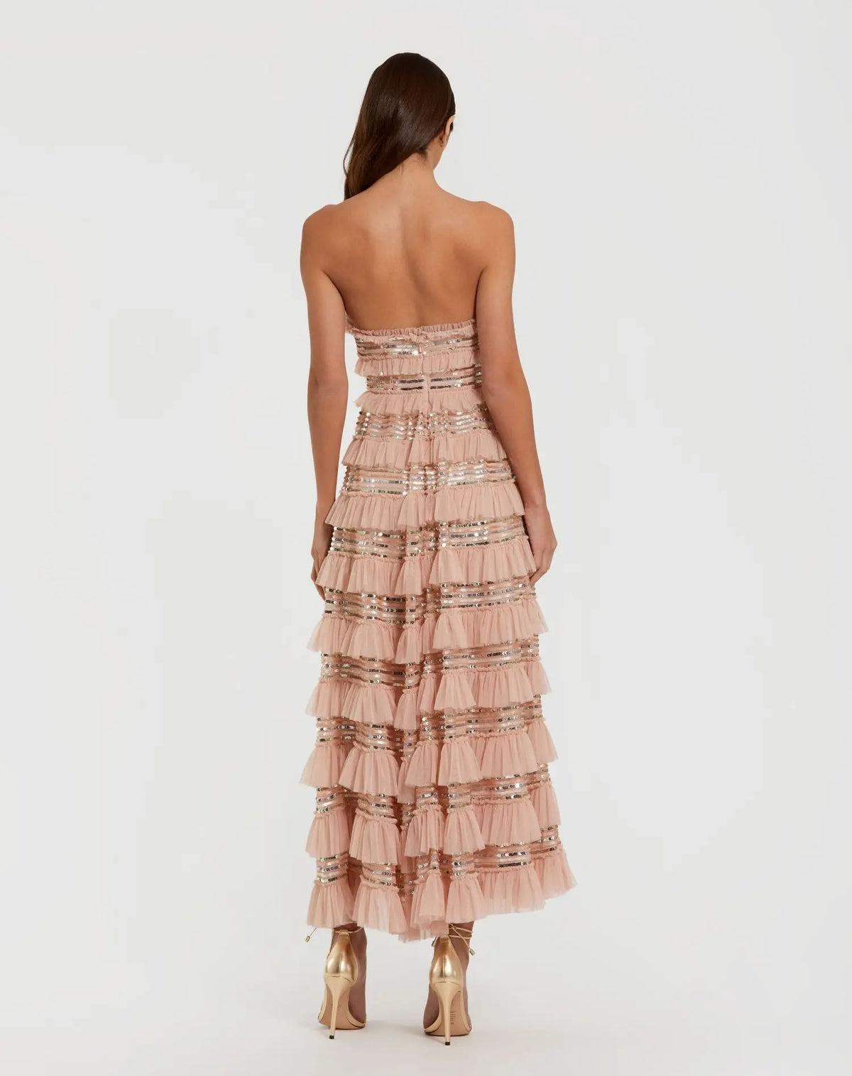 Mac Duggal Pink Strapless Sequin Micro Ruffle Maxi Dress Nude Porcelain #8155
