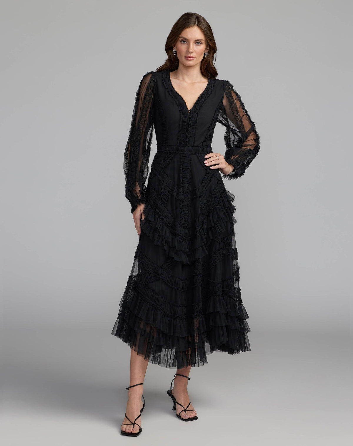 Mac Duggal #8247 black long sleeve v-neck micro ruffle midi dress
