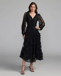 Mac Duggal #8247 black long sleeve v-neck micro ruffle midi dress