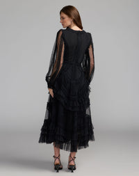 Mac Duggal #8247 black long sleeve v-neck micro ruffle midi dress back view