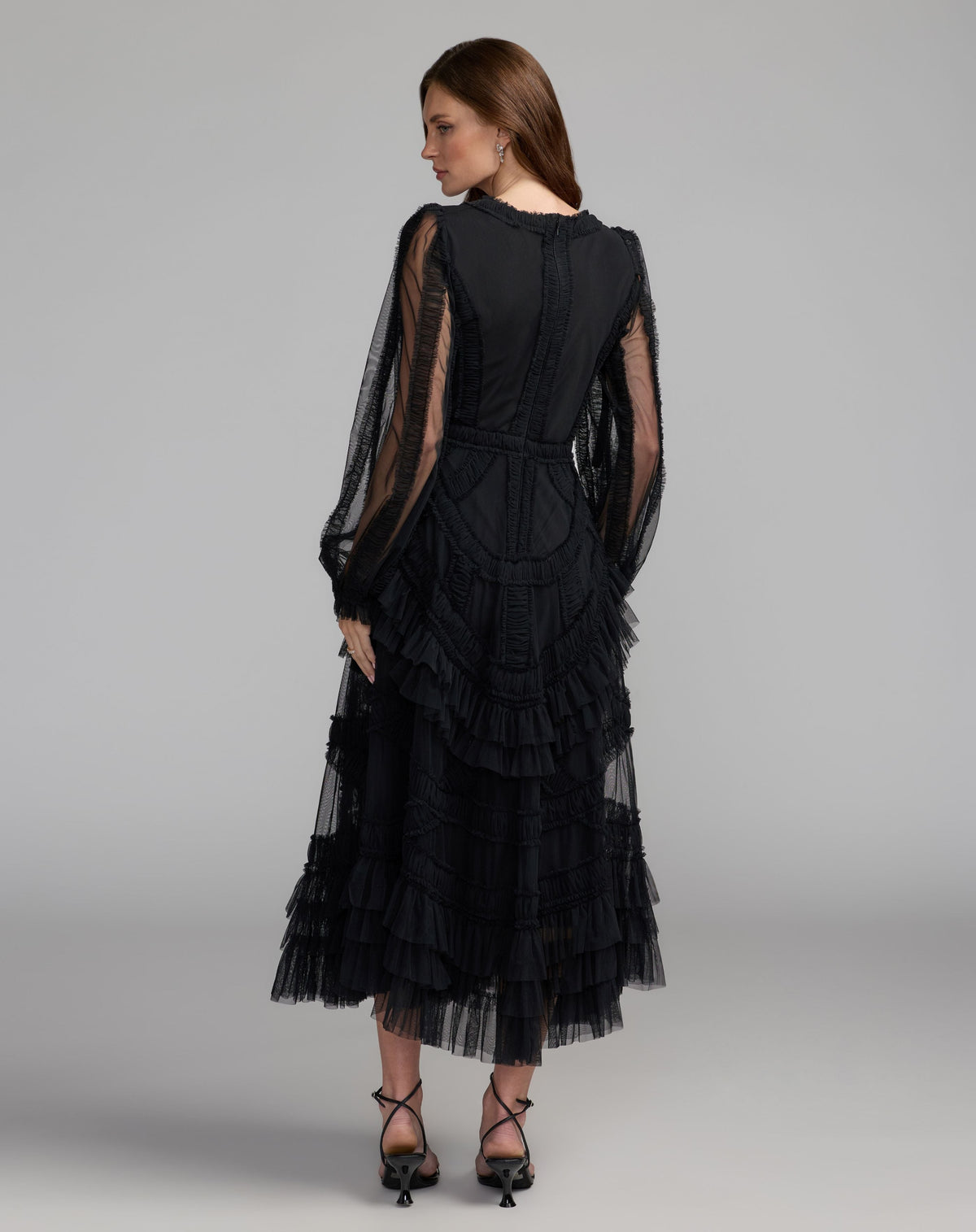 Mac Duggal #8247 black long sleeve v-neck micro ruffle midi dress back view