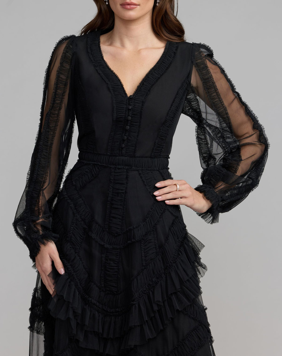 Mac Duggal #8247 black long sleeve v-neck micro ruffle midi dress close-up