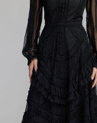 Mac Duggal #8247 black long sleeve v-neck micro ruffle midi dress close-up