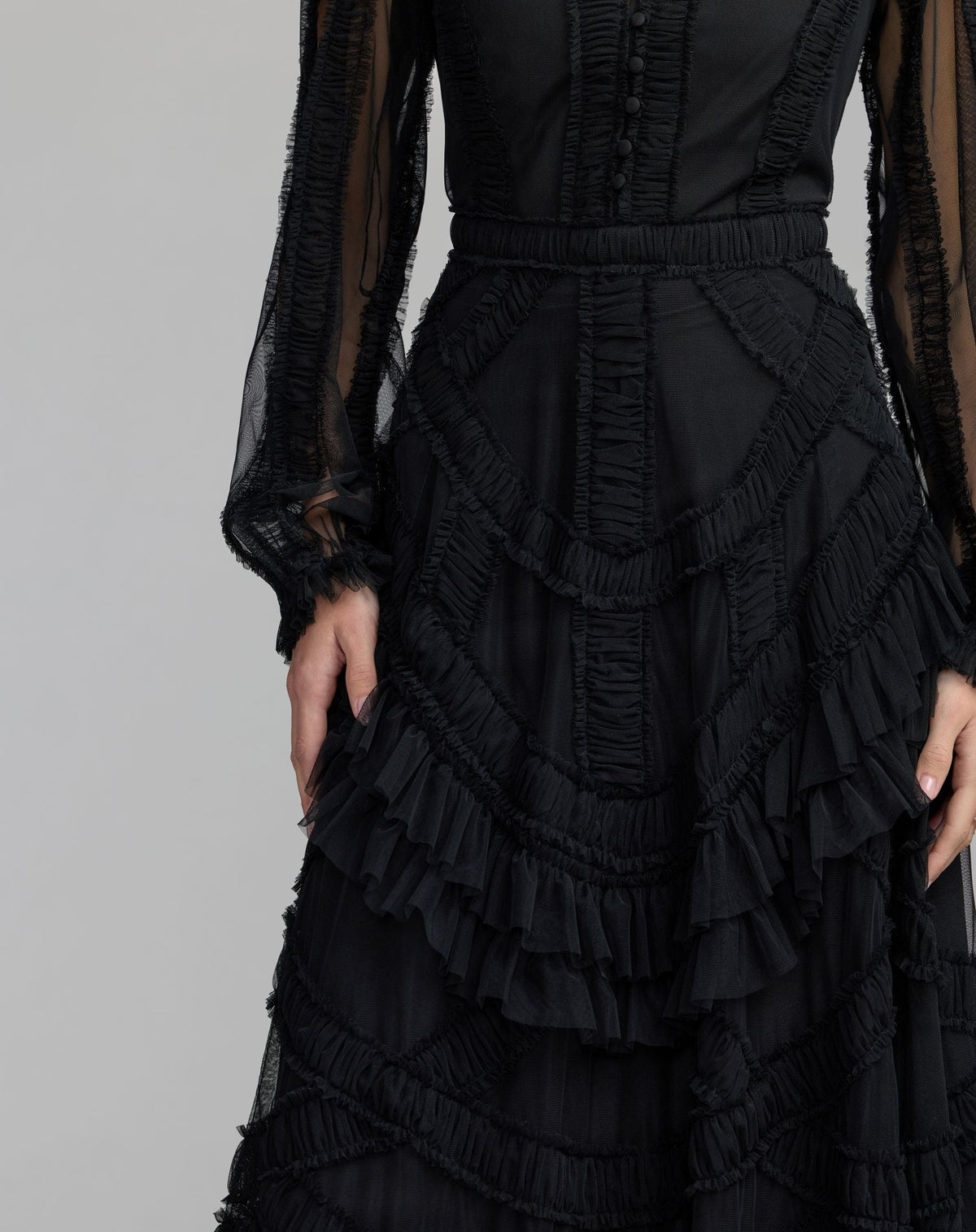 Mac Duggal #8247 black long sleeve v-neck micro ruffle midi dress close-up