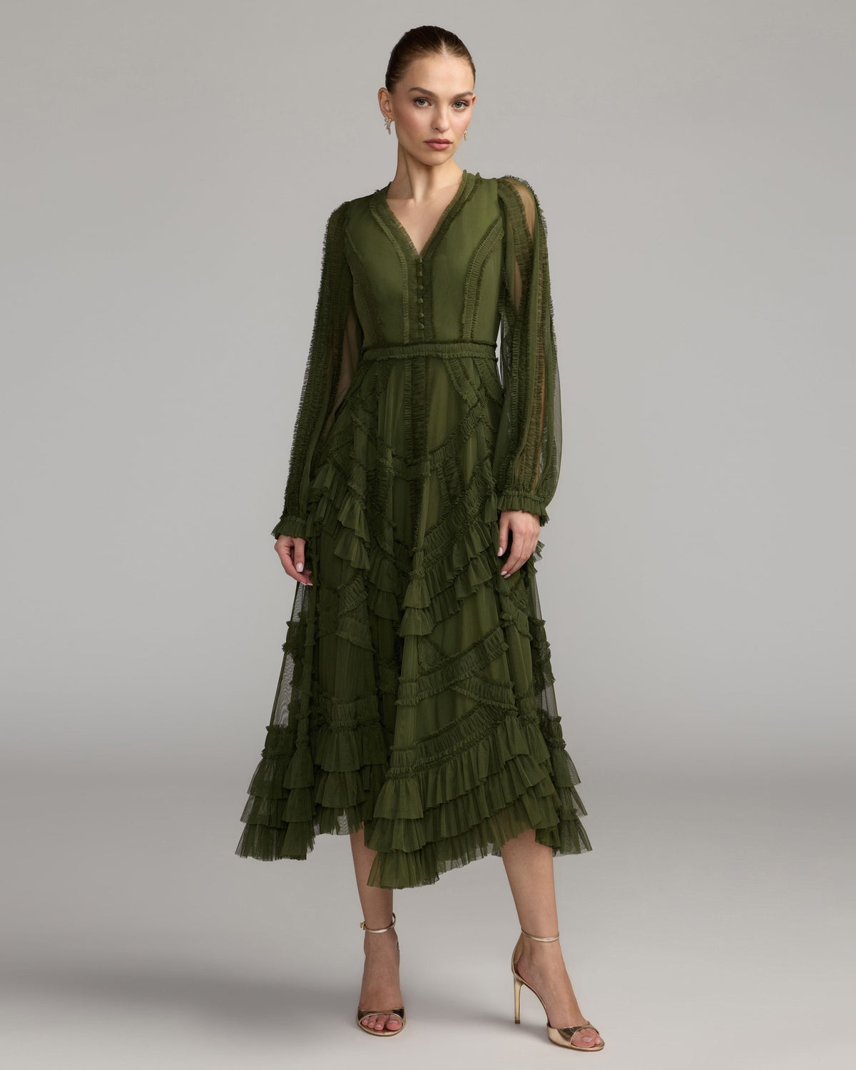 Mac Duggal 8247 Olive Long Sleeve V Neck Mesh Micro Ruffle Midi Dress