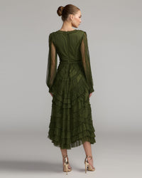 Mac Duggal 8247 Olive Long Sleeve V Neck Mesh Micro Ruffle Midi Dress