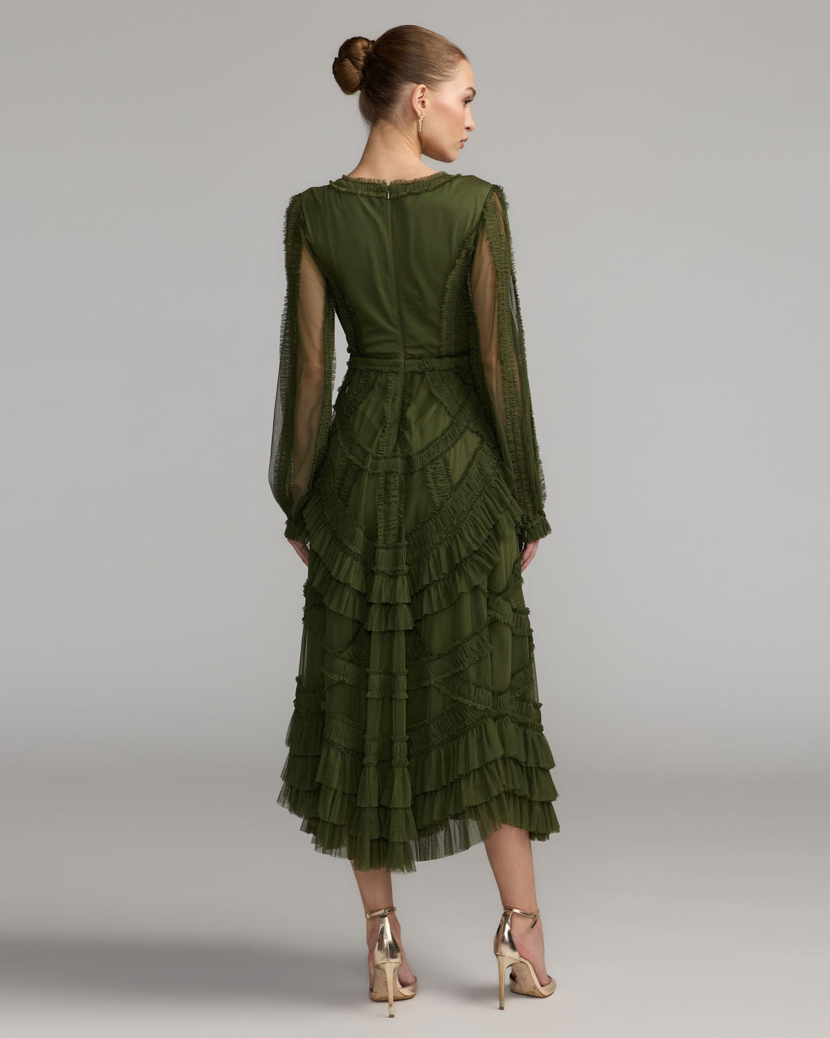 Mac Duggal 8247 Olive Long Sleeve V Neck Mesh Micro Ruffle Midi Dress