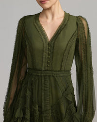 Mac Duggal 8247 Olive Long Sleeve V Neck Mesh Micro Ruffle Midi Dress
