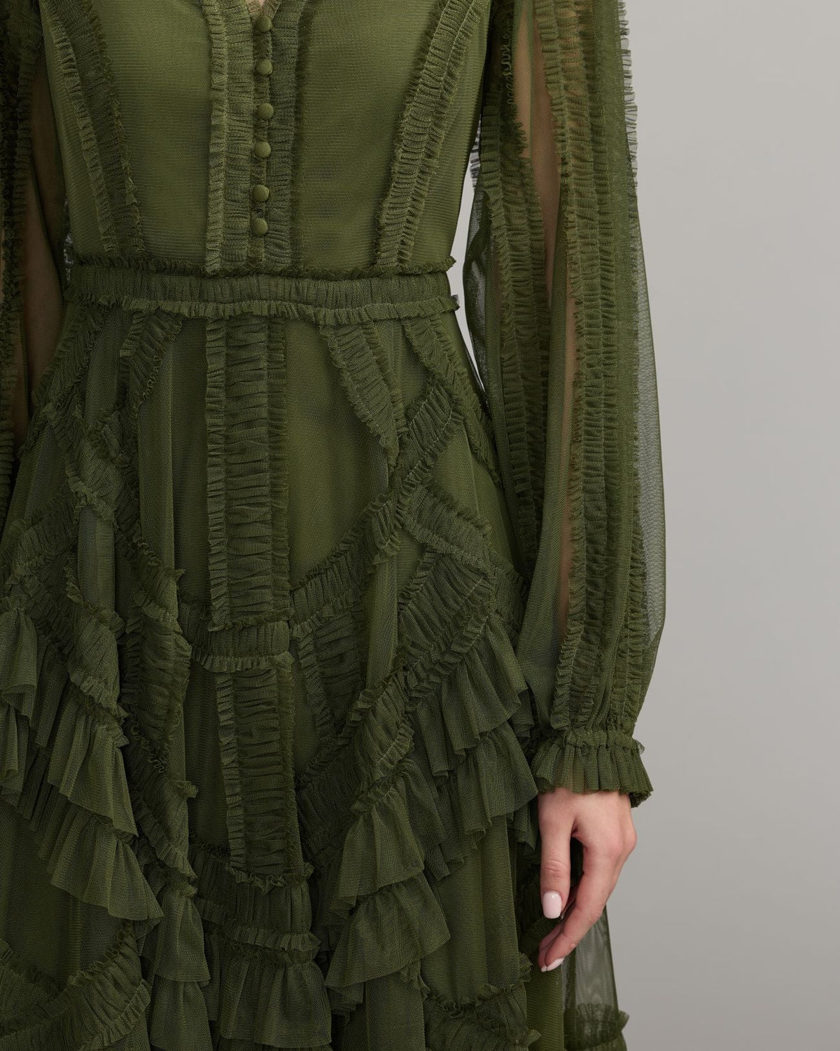Mac Duggal 8247 Olive Long Sleeve V Neck Mesh Micro Ruffle Midi Dress
