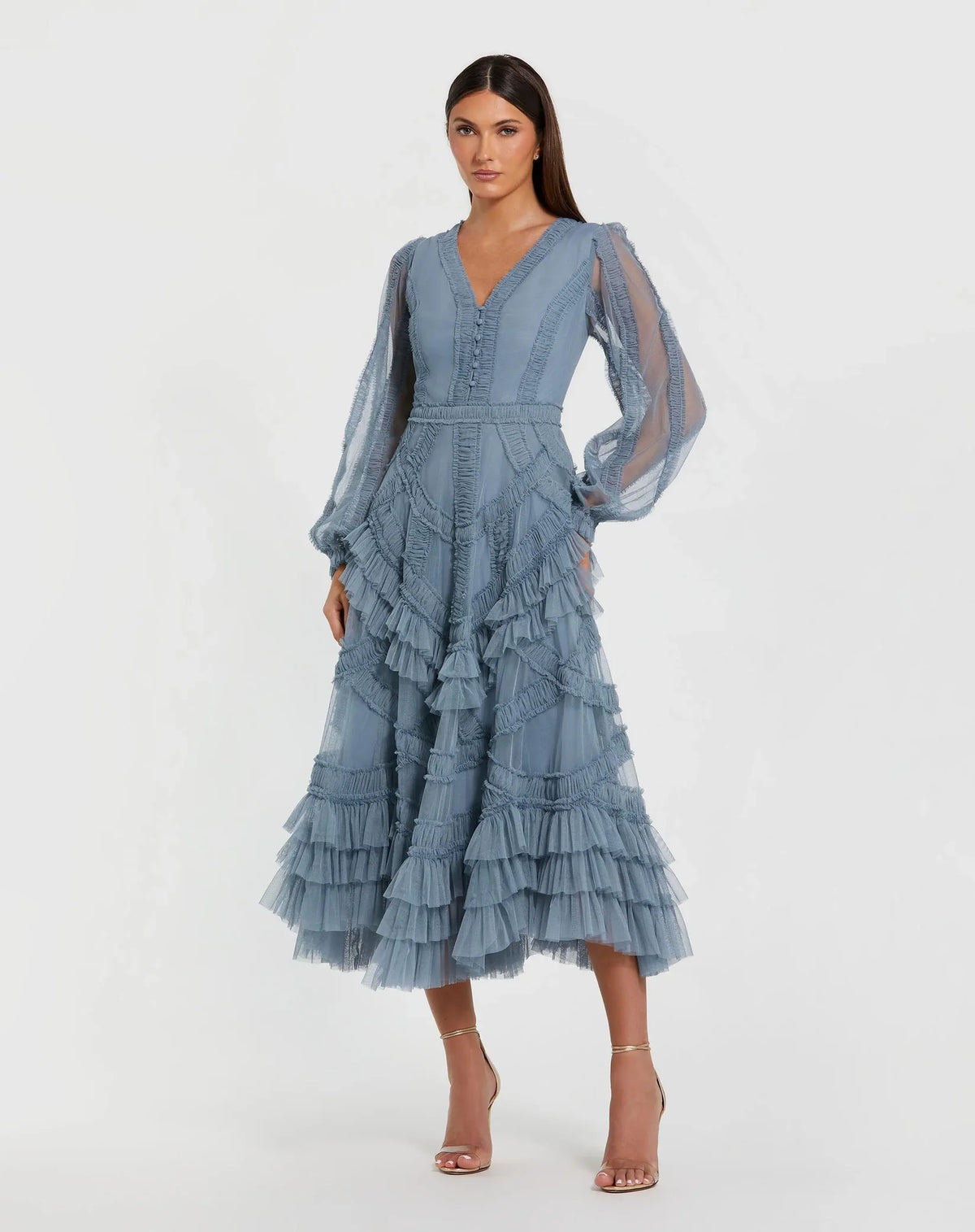 Mac Duggal #8247 Blue Long Sleeve V-Neck Micro Ruffle Midi Dress