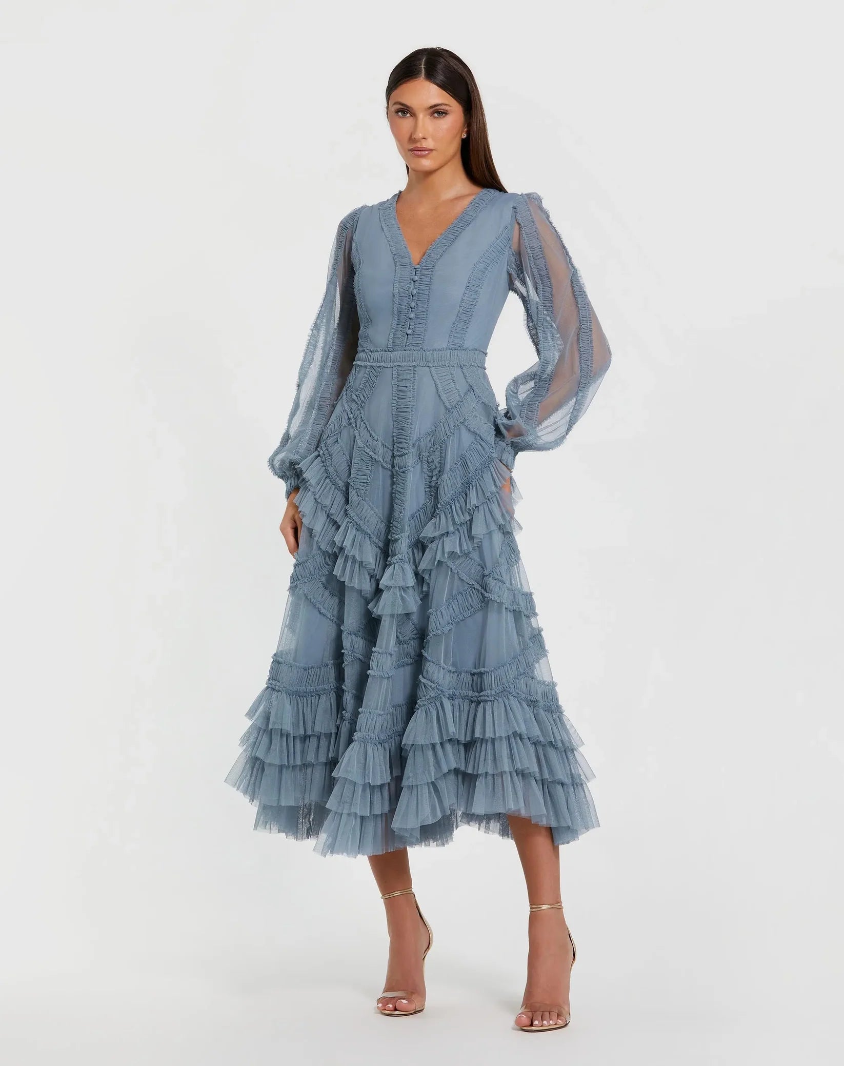 Mac Duggal #8247 Blue Long Sleeve V-Neck Micro Ruffle Midi Dress
